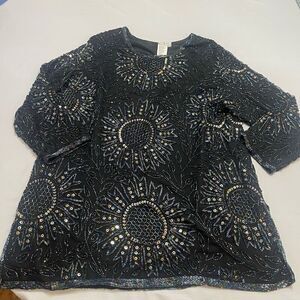 Carina VTG Black Pure Silk Beaded Top Plus Size 1X